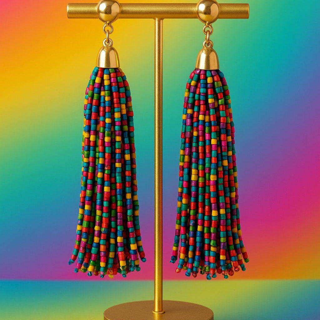 Hanae Paris handcrafted Colorful Tassel Earrings Glass Beads.