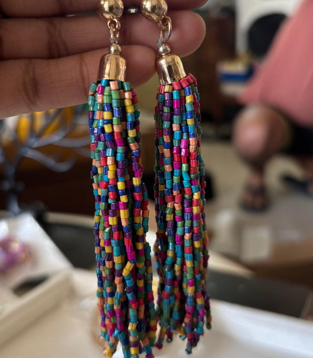 Hanae Paris handcrafted Colorful Tassel Earrings Glass Beads.