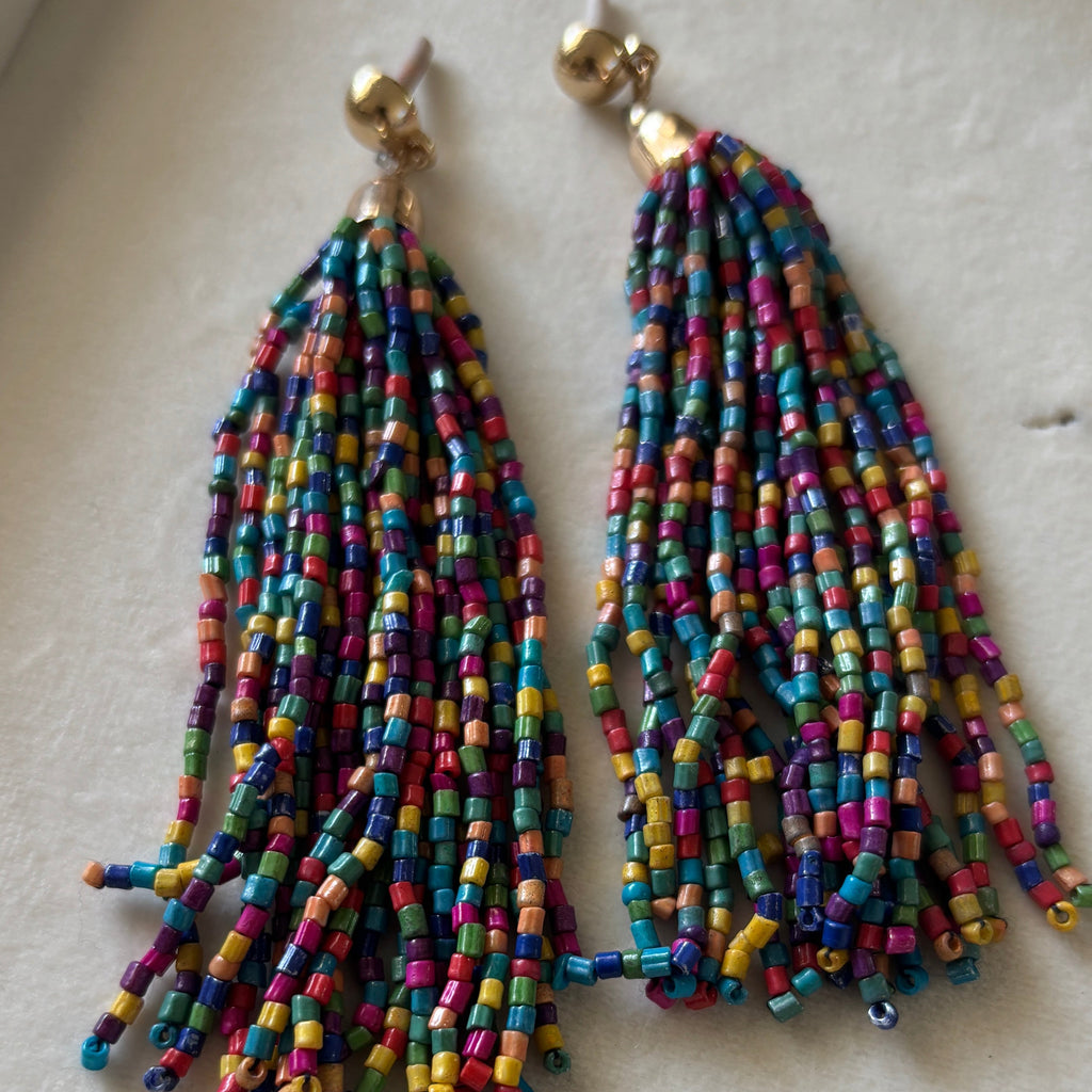 Hanae Paris handcrafted Colorful Tassel Earrings Glass Beads.
