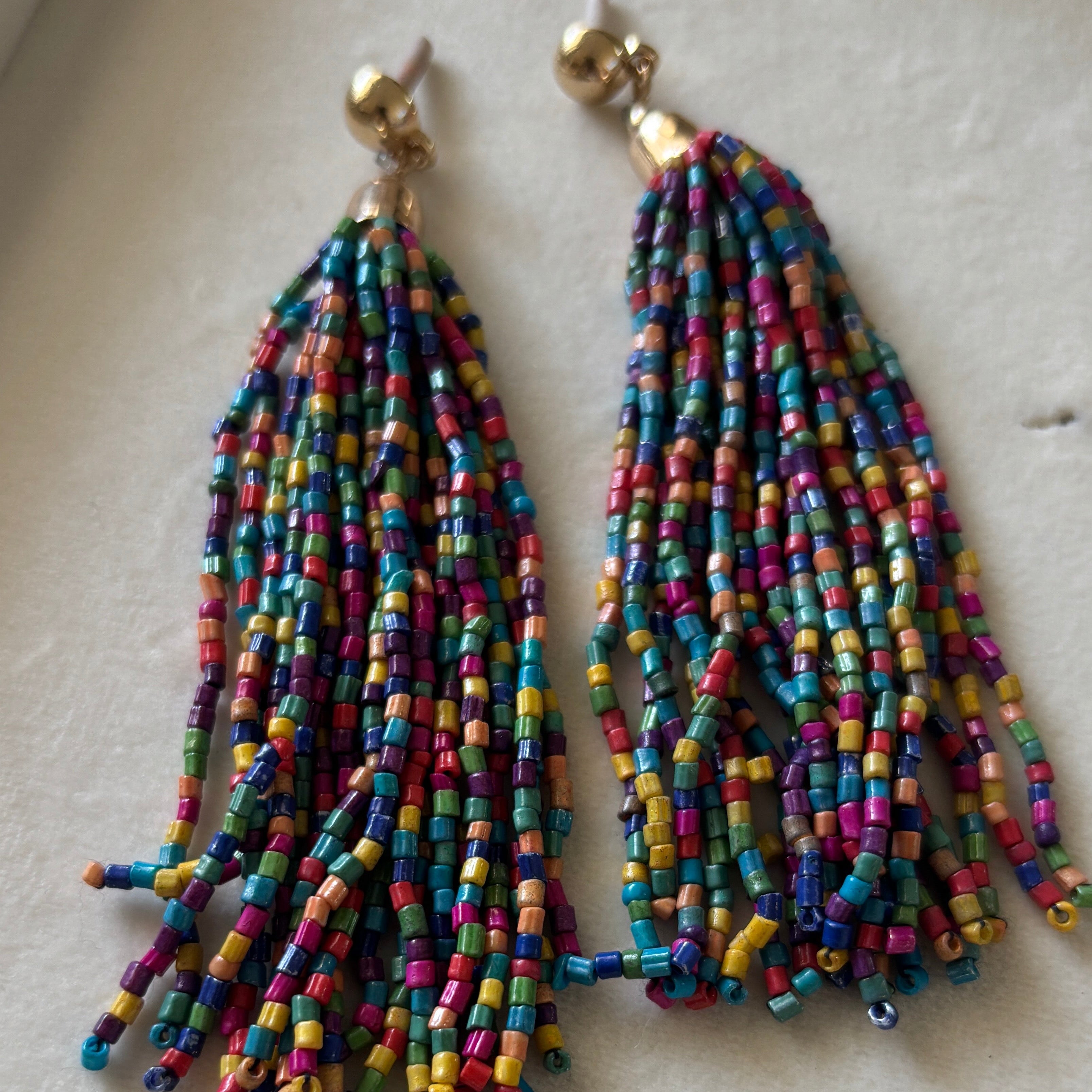 Hanae Paris handcrafted Colorful Tassel Earrings Glass Beads.