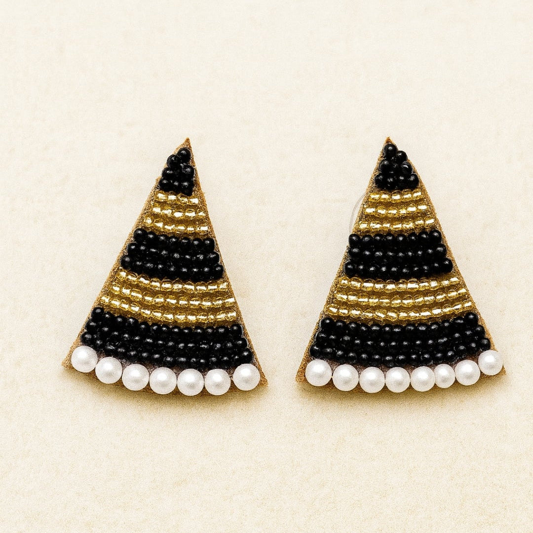 Triangular beaded earrings with black, gold, and pearl