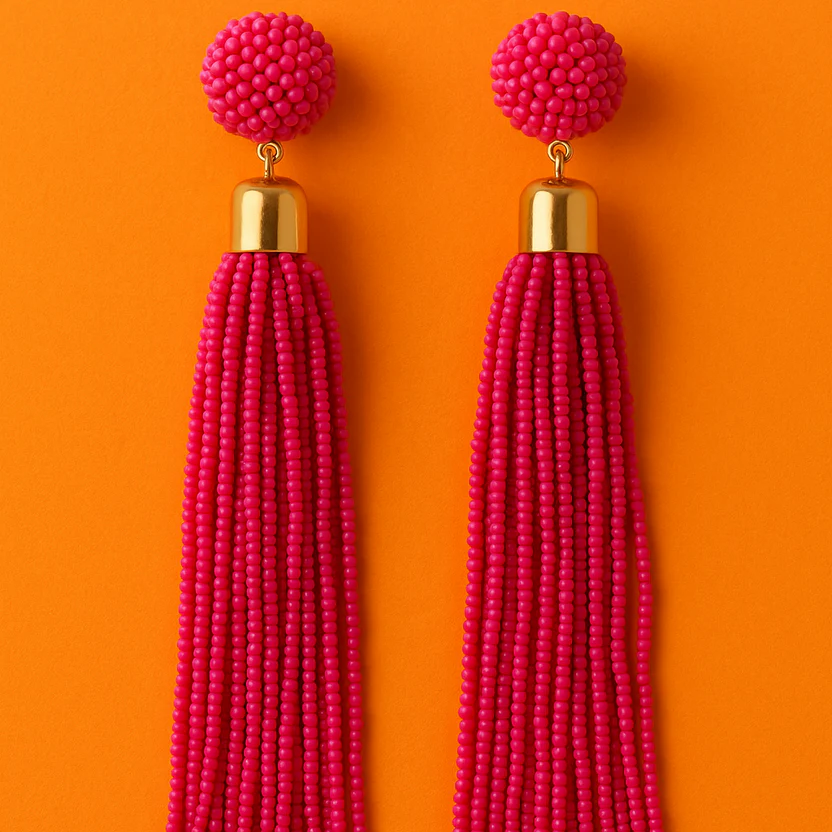 Red Handmade Beaded Tassel Earrings