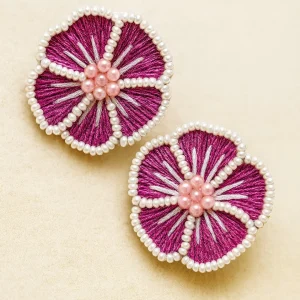 Pink Beaded Floral Stud Earrings