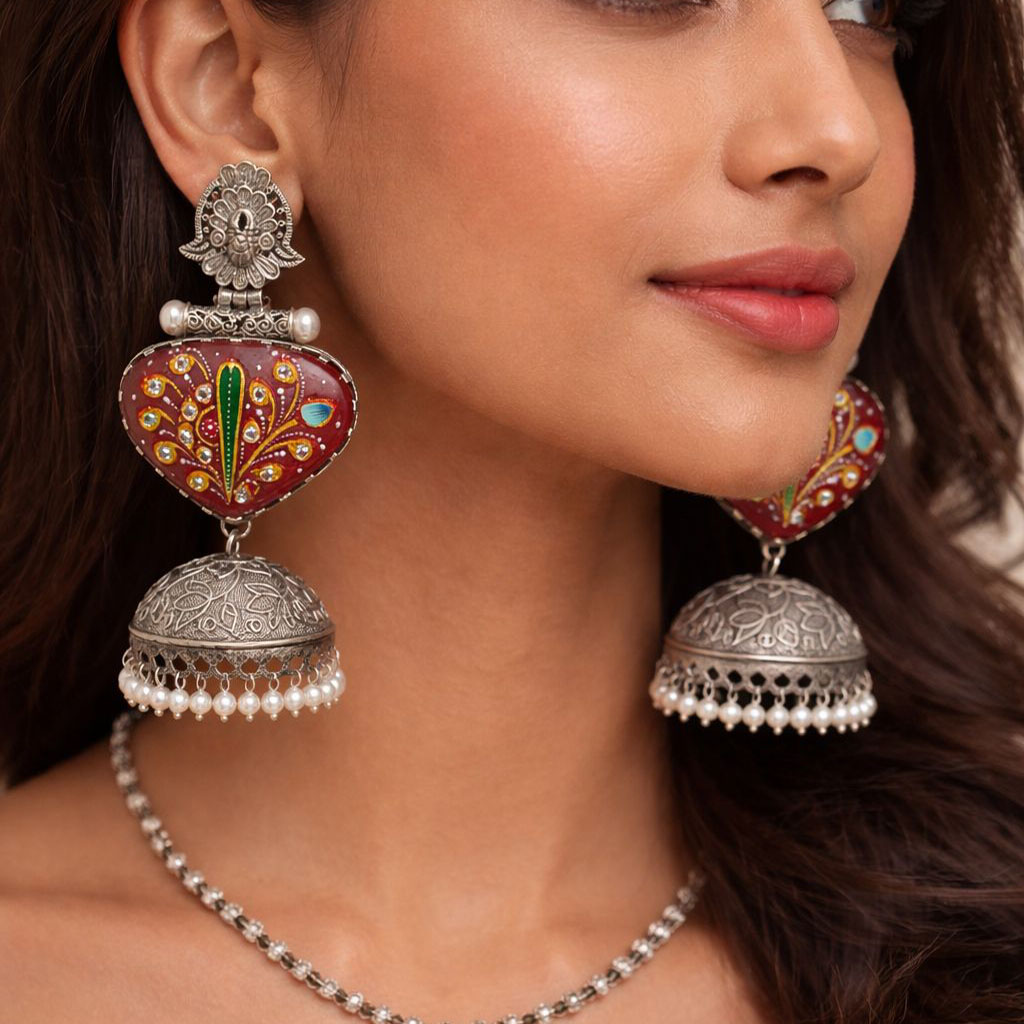 Padmika Oxidised Jhumkas Red - Image 2